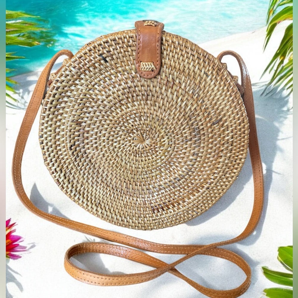 Bali Rattan 8” Round Purse with Genuine Leather Crossbody Strap